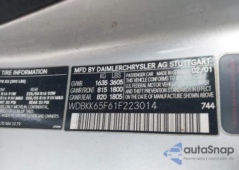 2001 Mercedes-Benz Slk 320 from USA, damaged, VIN WDBKK65F61F223014